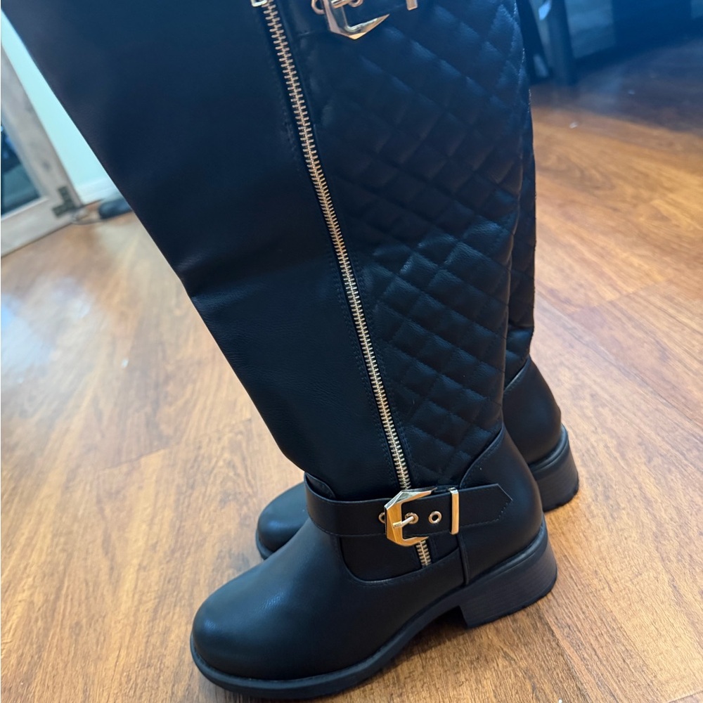 Global Win Black Quilted Over the Knee Boots